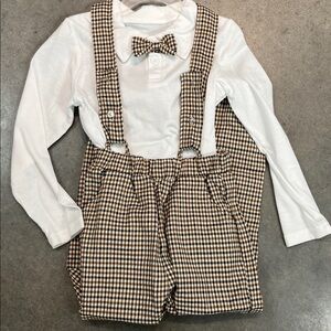 Shein White Shirt with Houndstooth Suspenders, hat and Bow Tie Set